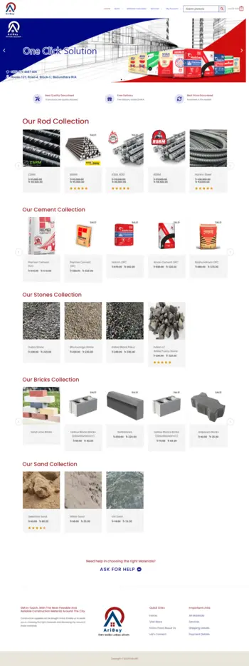 AriBuyBD e-commerce site for a real estate company, built with WordPress, Astra, Elementor & WooCommerce, featuring construction materials & a modern design