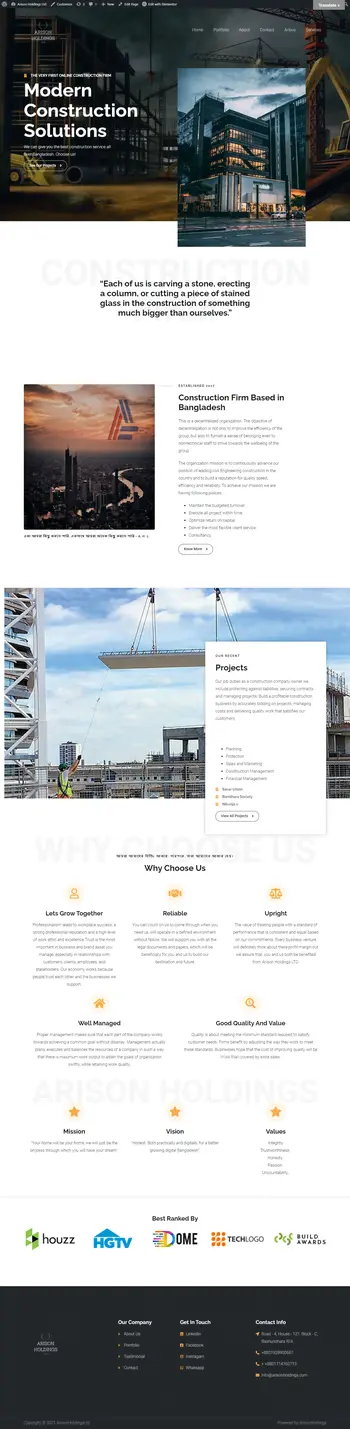 Arison Holdings – Real estate company website built with WordPress, Elementor, and Astra theme, showcasing modern construction solutions and projects.
