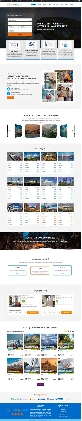 Hotels N Flights – A WordPress travel affiliate website built with Elementor and Astra, offering the best deals on flights, hotels, and tours with TravelPayouts integration.
