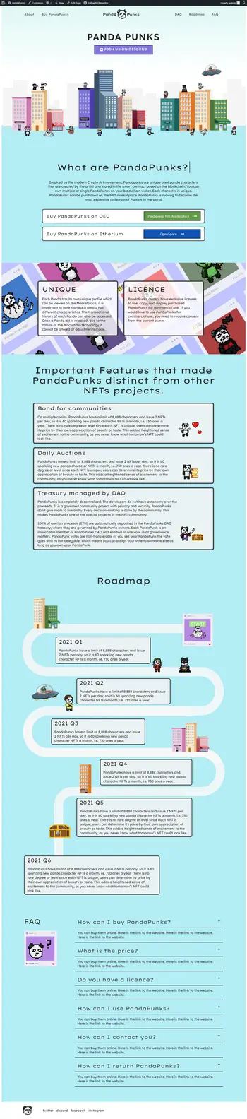 Panda Punks Modern NFT Landing Page Design converted from Figma to WordPress using Elementor Pro