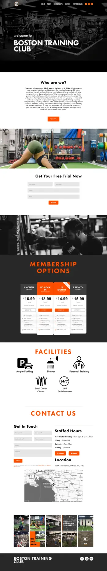 Boston Training Club gym website built with WordPress and Elementor Pro, featuring membership plans, facilities, and contact details.