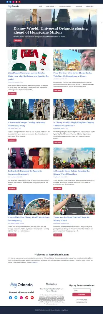 Hey Orlando blog website built with WordPress, GeneratePress, and Elementor, featuring Disney World news, travel tips, and reviews.