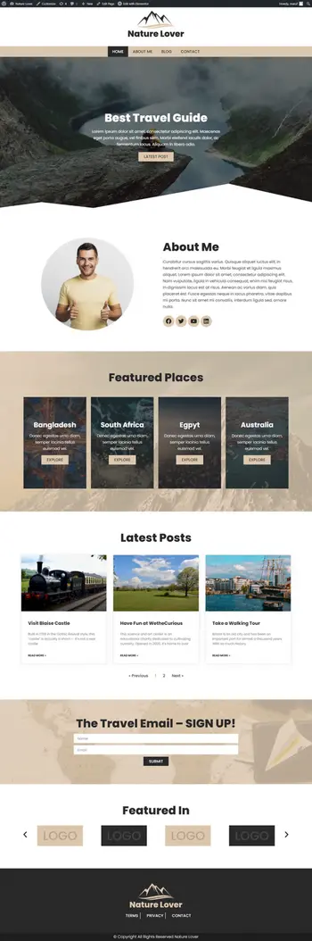 Nature Lover travel blog built with WordPress and Elementor, featuring destinations, latest posts, and a user-friendly layout.