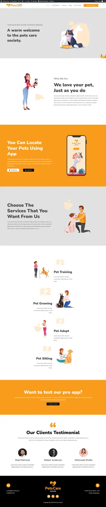 Pet Care House website built with WordPress and Elementor, offering pet training, grooming, adoption, and sitting services.